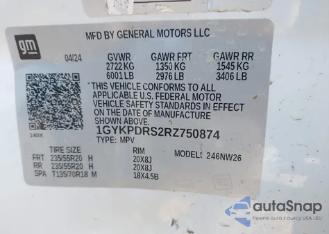 2024 Cadillac Xt6 Awd Premium Luxury z USA, uszkodzony, nr VIN 1GYKPDRS2RZ750874